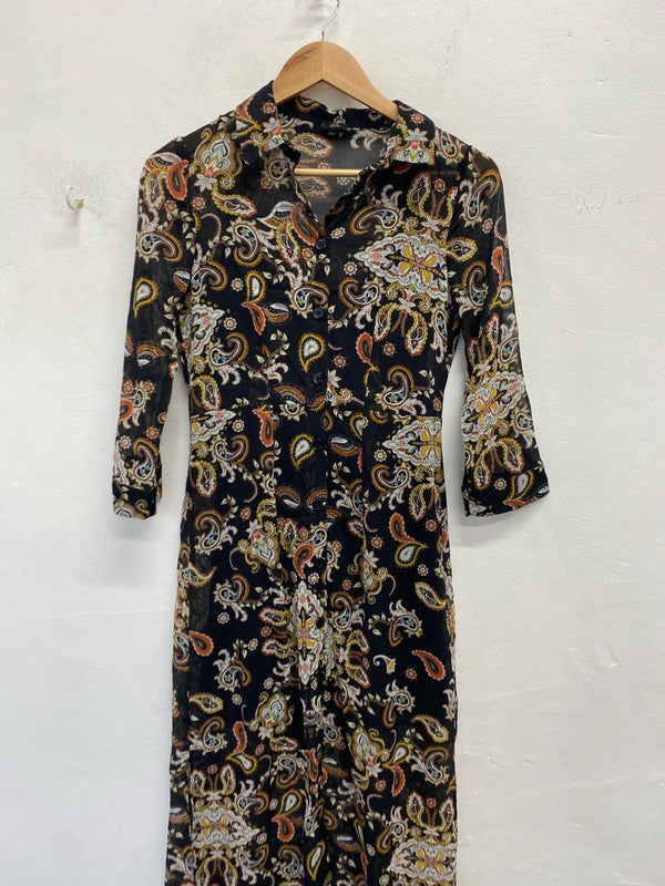 Lovely river island brown white pattern semi sheer slip maxi dress UK 8 KM004