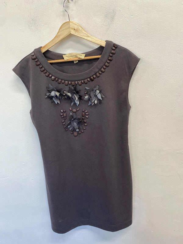 Lovely valour & Valkyrie grey mini dress flowers bead neckline UK 16 GK002