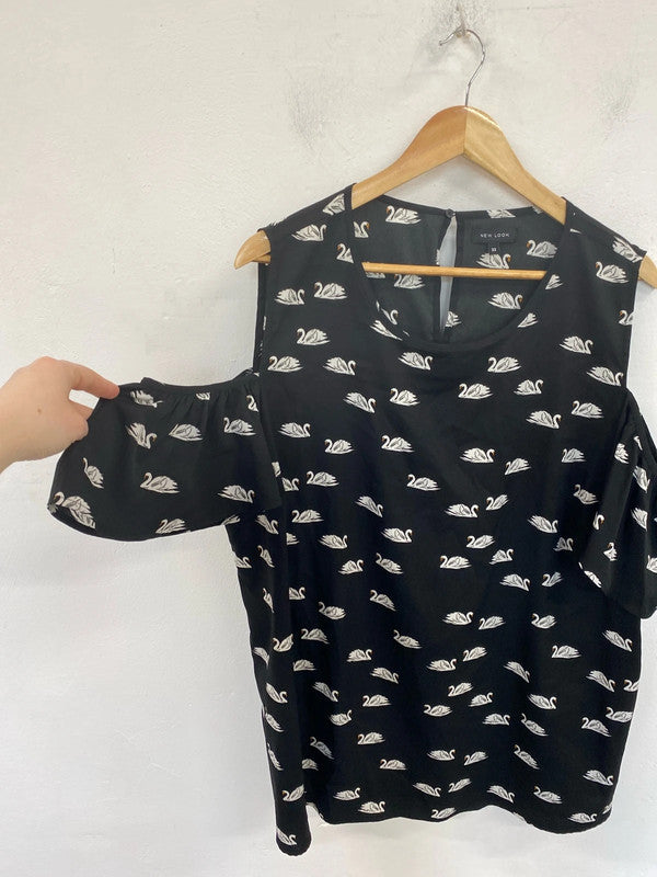 New Look Fabulous Black Swan Pattern Cold Shoulder Top UK 22 RG021
