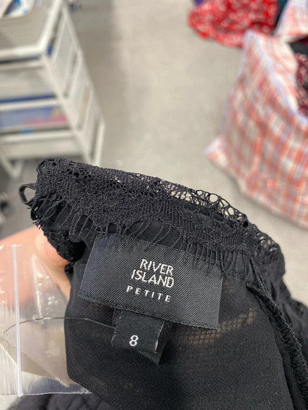 Stunning river island lace black front ruffle blouse UK S KM004