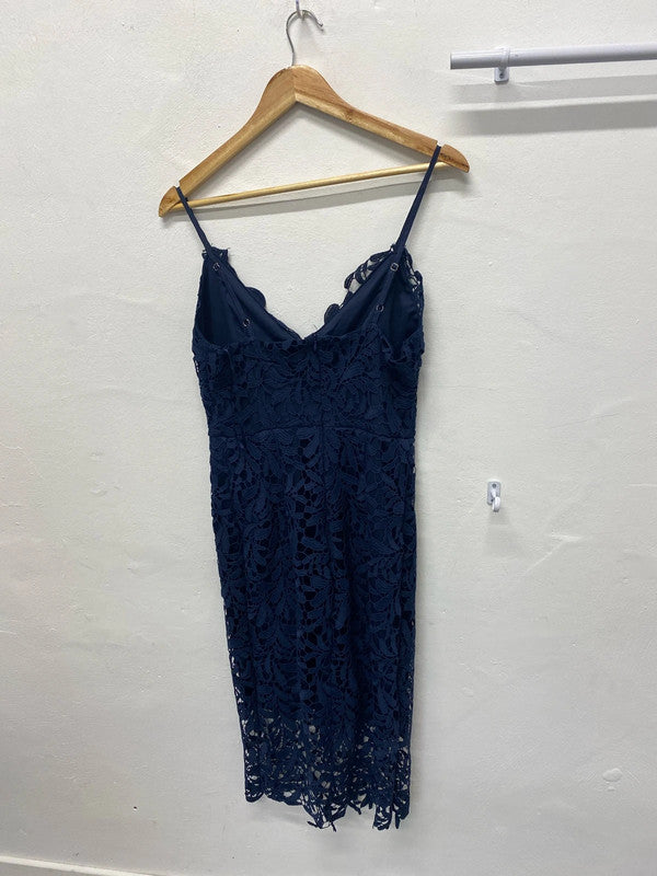 Fabulous navy overlay occasion party dress Uk12 AO001