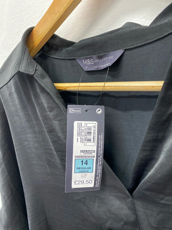 Fabulous M&S black satin blouse Uk14 classic elegant LW005
