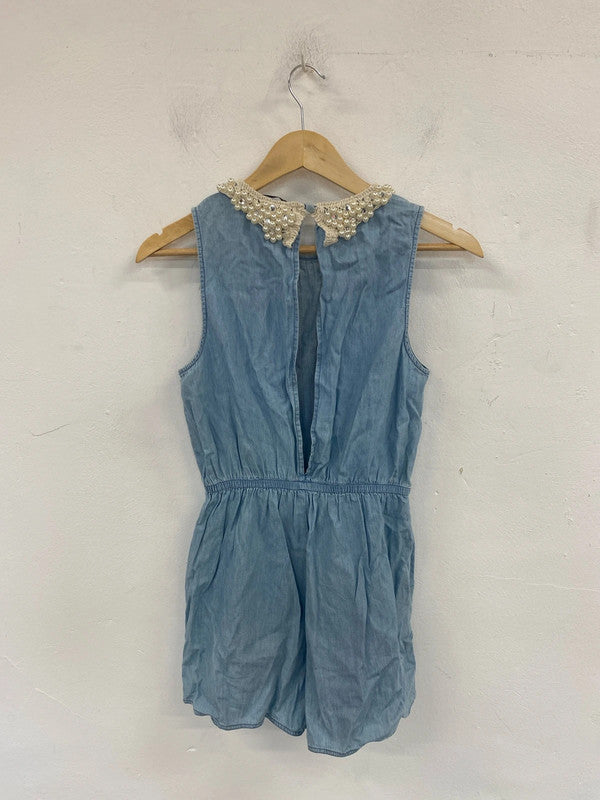 Miss Selfridge Preppy Denim Pearl Collar Playsuit UK 10 LK009