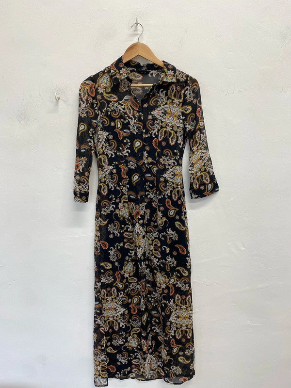 Lovely river island brown white pattern semi sheer slip maxi dress UK 8 KM004