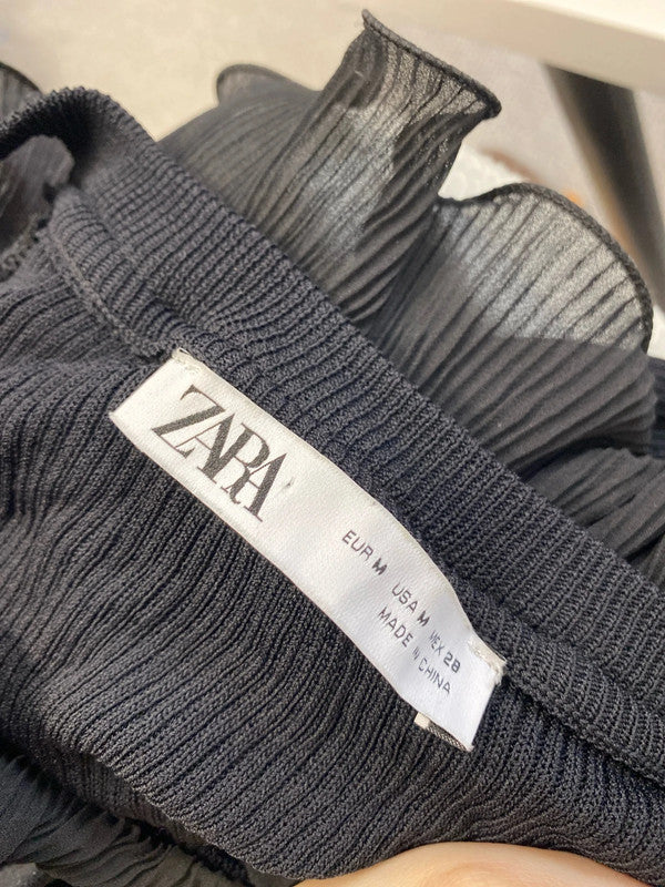 Stunning Zara black ribbed frill neck sleeve dress UK M KS002