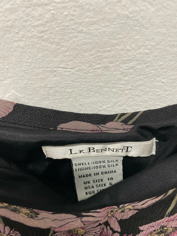 LK Bennett romantic Pure Silk floral tiered skirt mauve & black Uk10 SN002