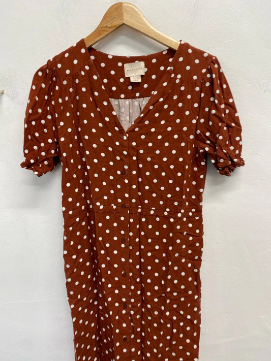 Lovely mauvette burnt orange polka dot dress UK 8 CF002