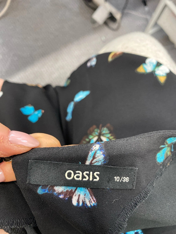 Lovely oasis blue black butterfly dress UK 10 JA002