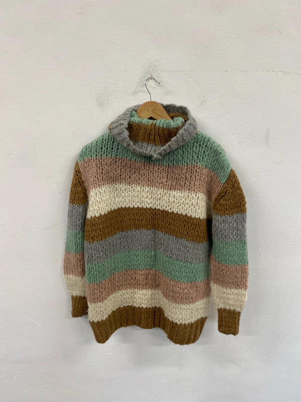 Stylish river island brown stripes heritage loom turtle neck jumper uk 8 KM004