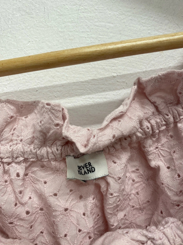 Fabulous river island fairytale pink lace sheer sleeve bardot top with tie neck UK S KM004