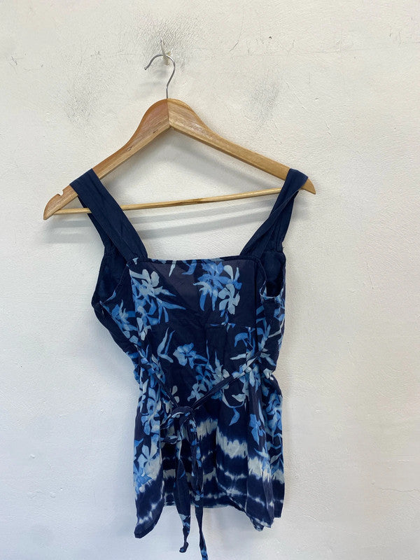 Stunning monsoon blue floral yellow pompom neck top UK 12 AG005