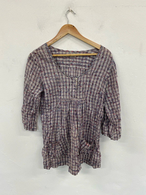 White Stuff Country Chic Gingham Floral Blouse UK 12 MM005