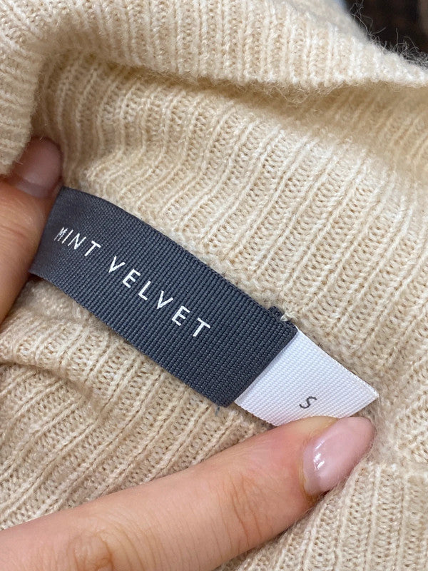 Lovely mint velvet beige high neck ribbed button sleeve jumper UK S AG006