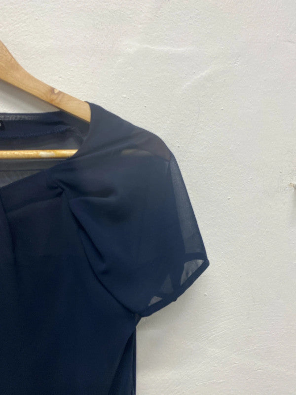 Stunning Navy sheer mesh with slip party occasion dress classy Uk10 MA003