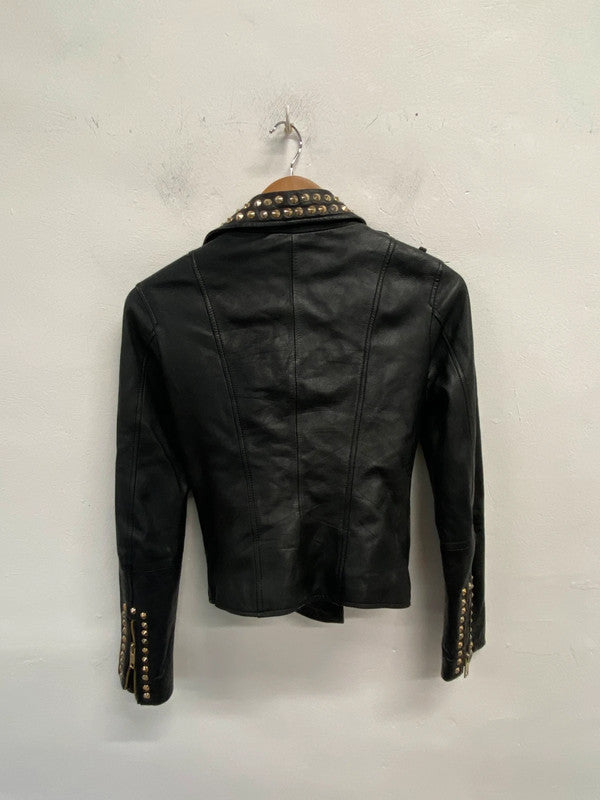 Fabulous Zara women black studded biker jacket UK XS KM004