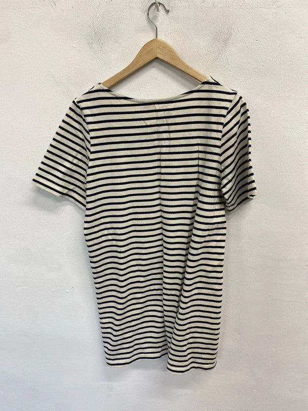 Stunning American vintage striped black cream midi dress UK M MM005