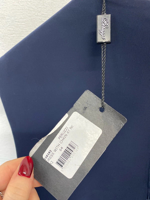 Gorgeous leruggi new navy drape shoulder midi dress UK 14 AE001