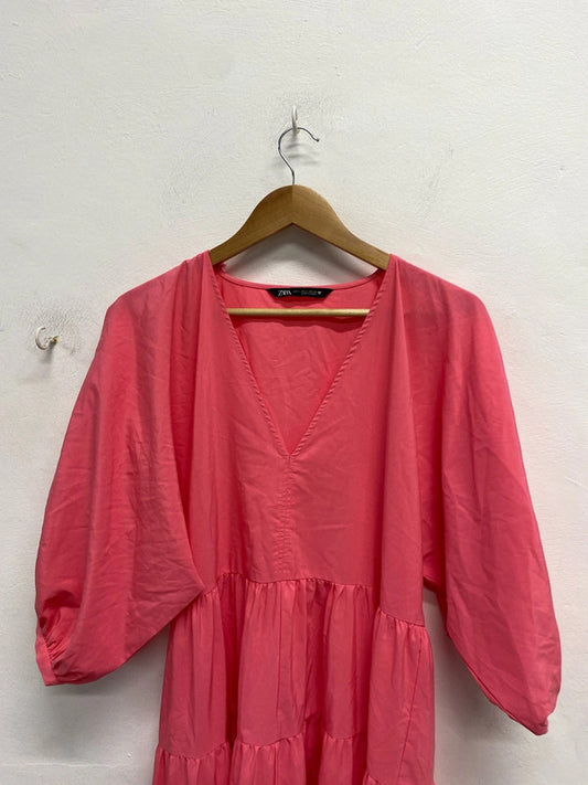 Stunning Zara pink tiered smock maxi dress cerise pink UK S KS002