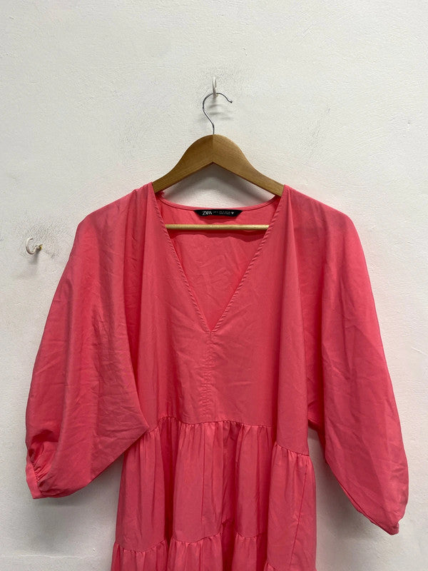 Stunning Zara pink tiered smock maxi dress cerise pink UK S KS002
