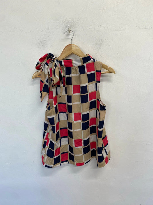 Lovely mix squared beige pattern pussy bow top UK 10 AG005