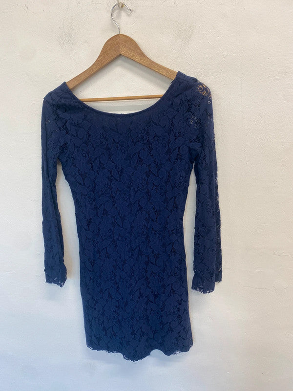 Stunning Zara navy lace long sleeve mini dress UK L LW005