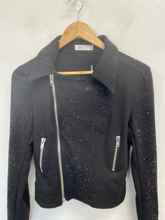 Lovely Moda for eve paris etelle black diamanté biker jacket UK M LL003