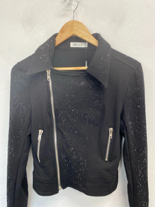 Lovely Moda for eve paris etelle black diamanté biker jacket UK M LL003