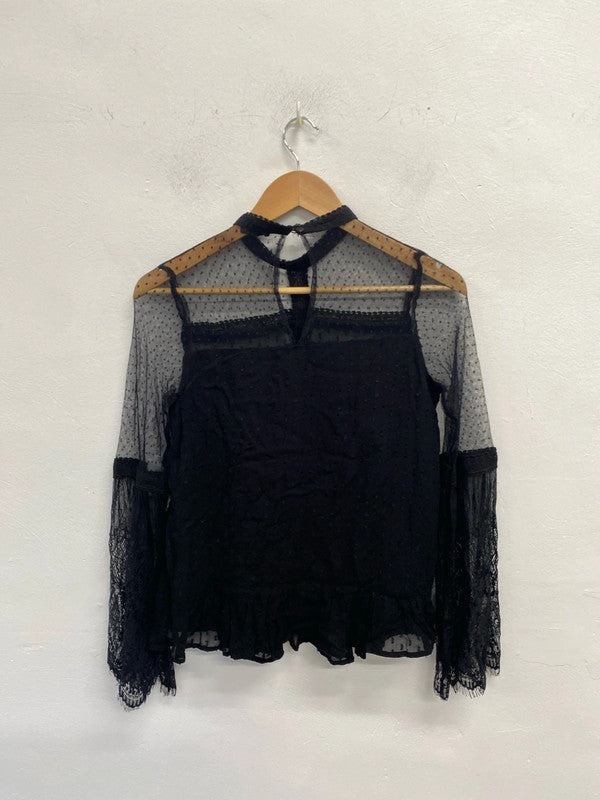 Stunning river island semi sheer lace black long sleeve top UK S KM004