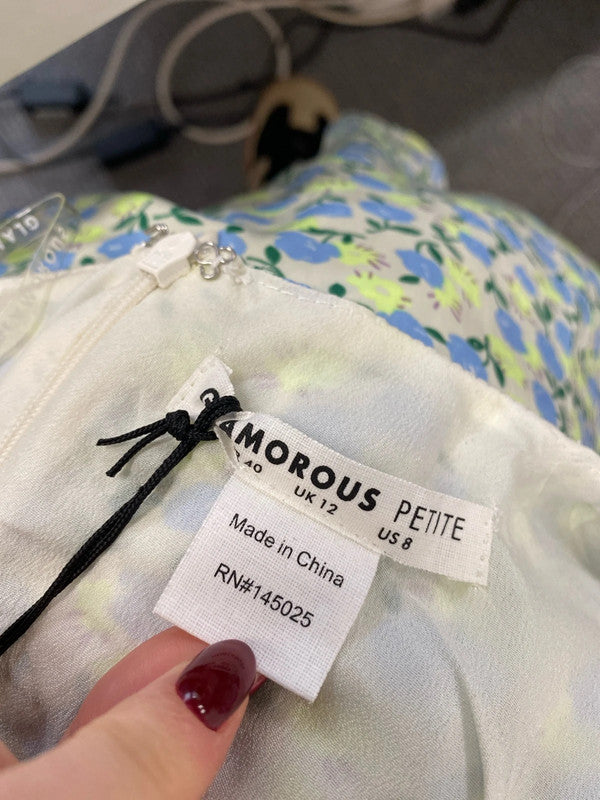 Lovely glamorous lime blue floral smock dress nwt UK 12 petite AE001