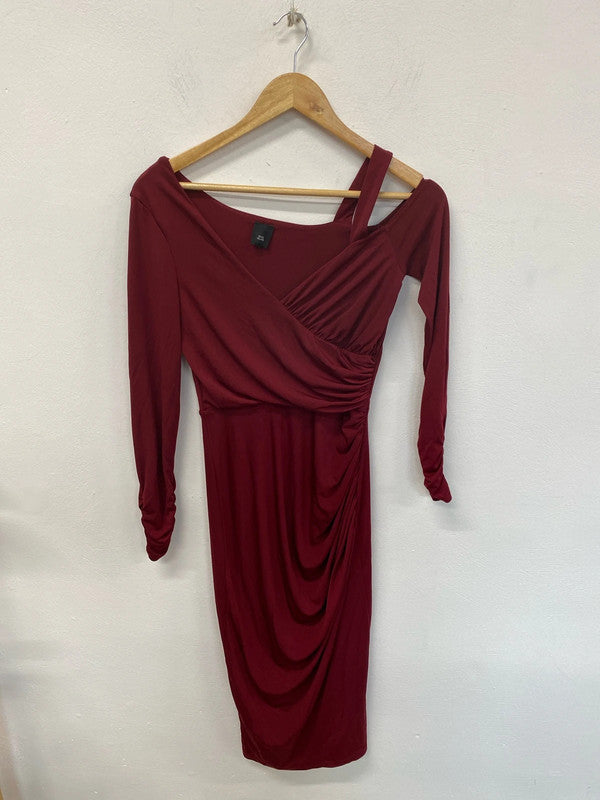 River Island Gorgeous Cherry Red Asymmetric Ruched Stretchy Midi Dress UK 8 KM004