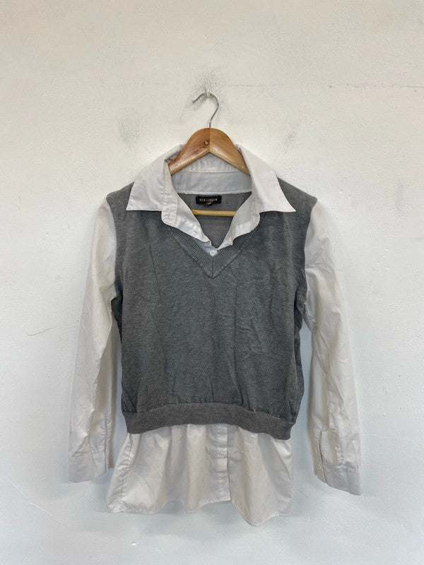 QED London Preppy Grey & White Vest Shirt Size M PJ001