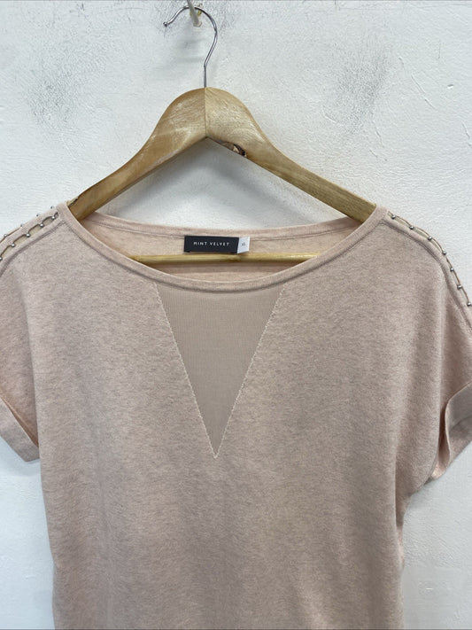 Mint Velvet sheer V spring knit top short sleeve jumper pink beaded UK XS SS004