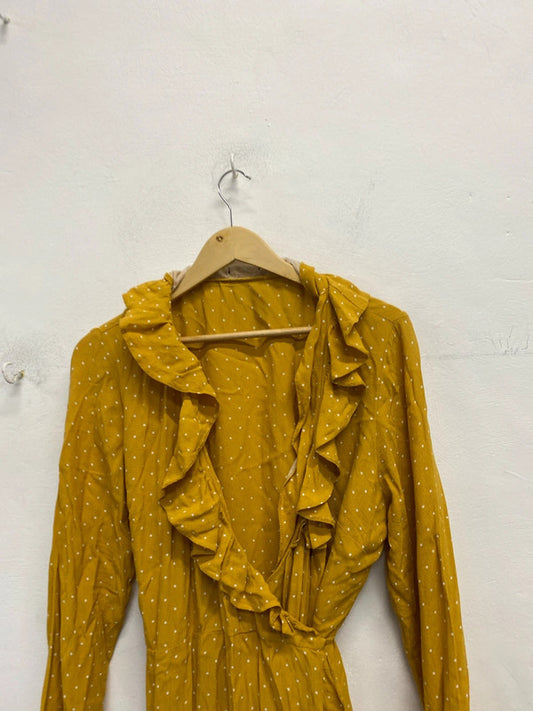 Lovely nobody’s child mustard white spotted frill wrap dress UK 16 LG006