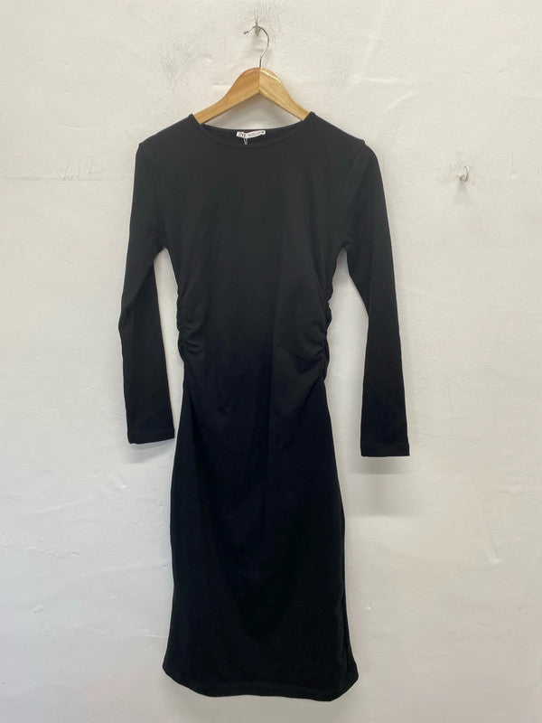 Zara Chic Black Ruched Jersey Dress Size L KN003