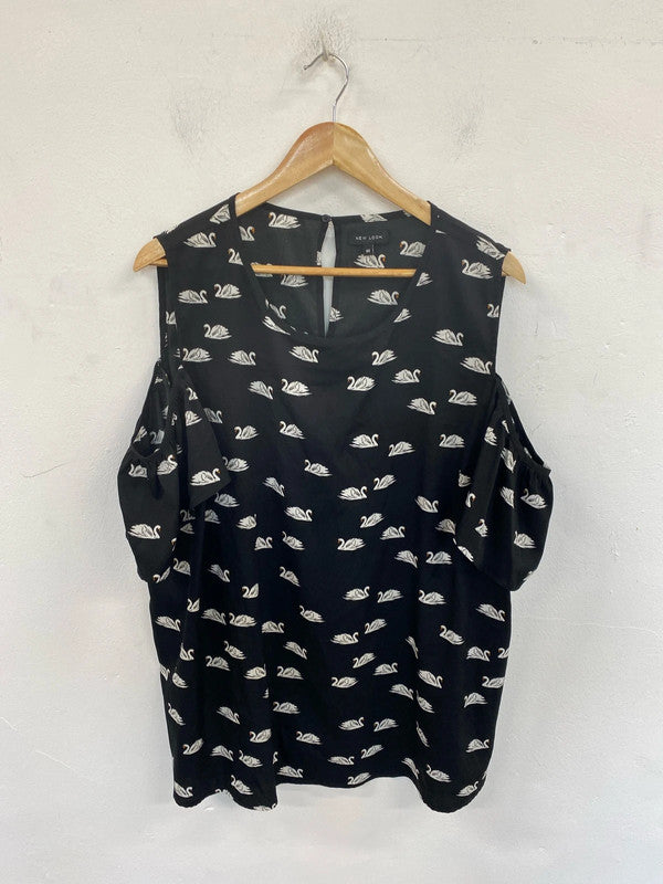 New Look Fabulous Black Swan Pattern Cold Shoulder Top UK 22 RG021