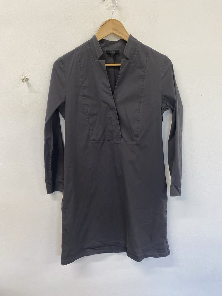 COS Grey Tunic Smock MIDI Dress Cotton Long Sleeves With Pockets Size36 FE001
