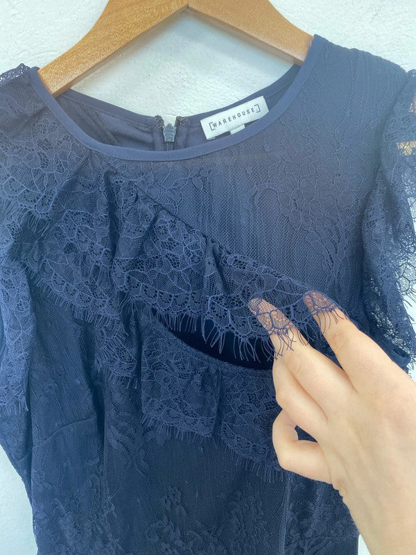 Warehouse Fabulous Navy Lace Midi Sheath Dress UK 10 SW001