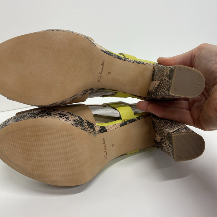 Clarks UK Size 5 Neon Yellow & Snakeskin Block Heel Leather Shoes New LW005