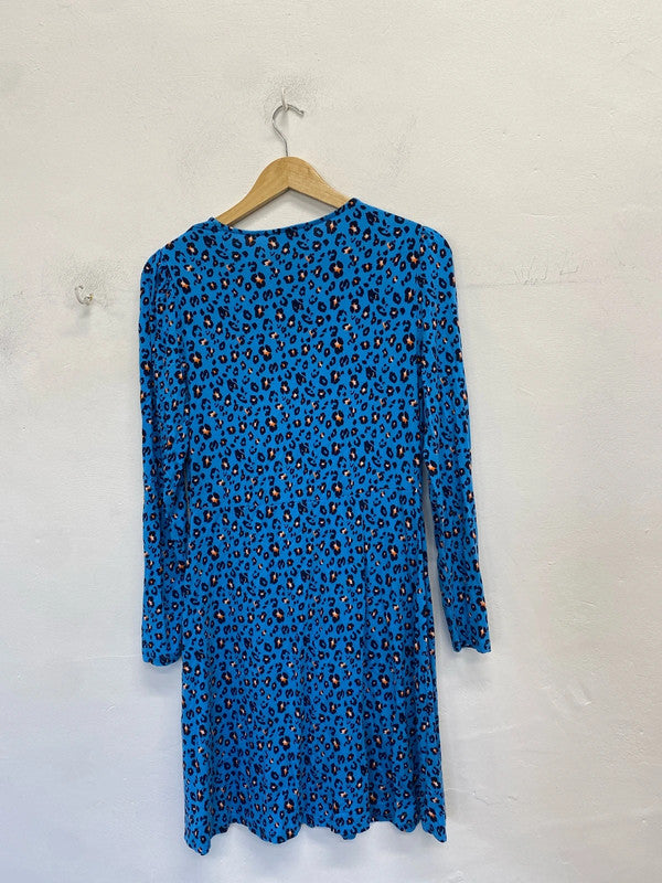 Stunning M&s blue leopard long sleeve midi dress UK 10 JM005