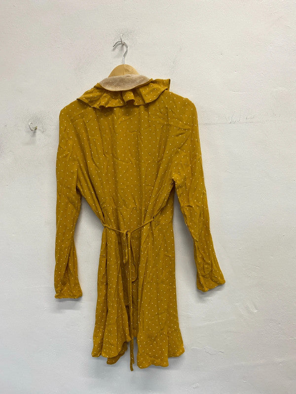 Lovely nobody’s child mustard white spotted frill wrap dress UK 16 LG006