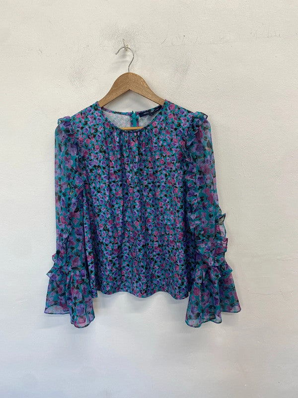 Lovely French connection floral frill blue blouse UK S HDR01