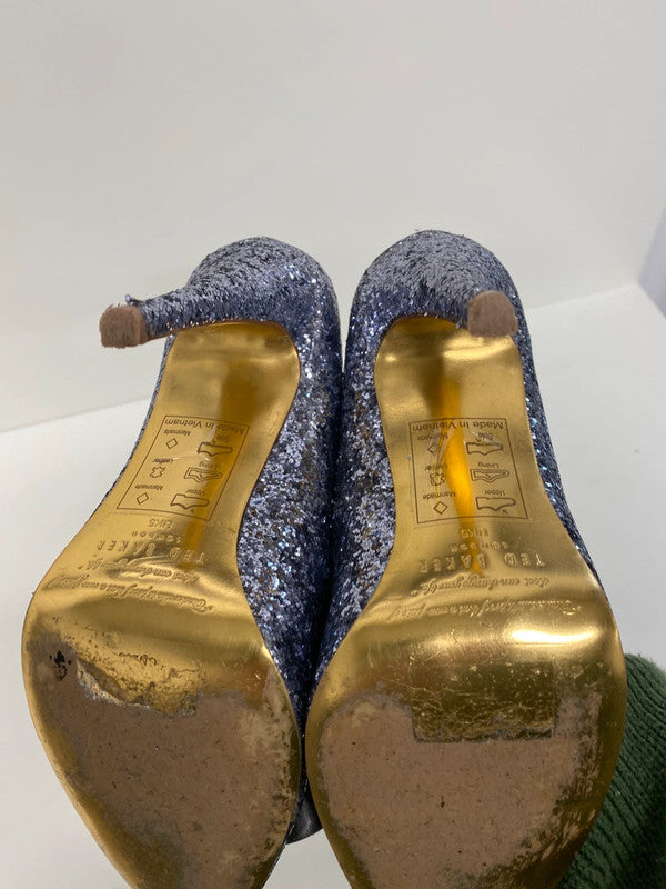 Fabulous Ted Baker Mayter pewter silver glitter stilettos Uk5 JA002