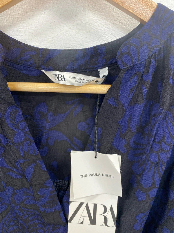 Zara Gorgeous Black & Blue Fleur De Lis Pattern Mini Dress Size M NN001