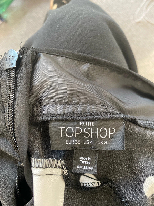 Gorgeous polka black white Topshop petite dress low bust frill UK 8 LK009