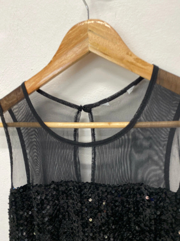 Fabulous New Look black sequin mini dress mesh straps Uk12 LL003