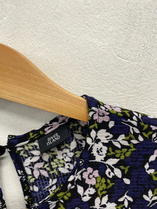 Lovely river island navy white floral frill midi dress UK S KM004