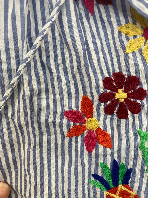 Primark Fabulous Blue & White Embroidered Tassel Accent Smock Top Size M IM001