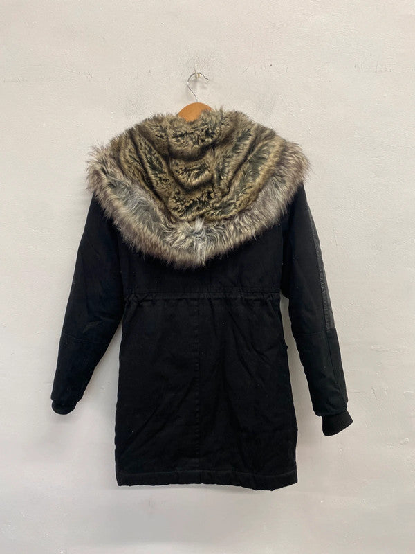 Lovely French connection fur hood parka black UK 6 KM004