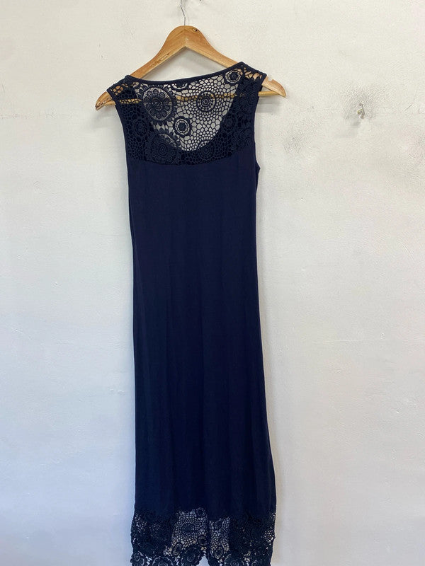 Lovely Roman broderie navy maxi dress UK 10 AO001