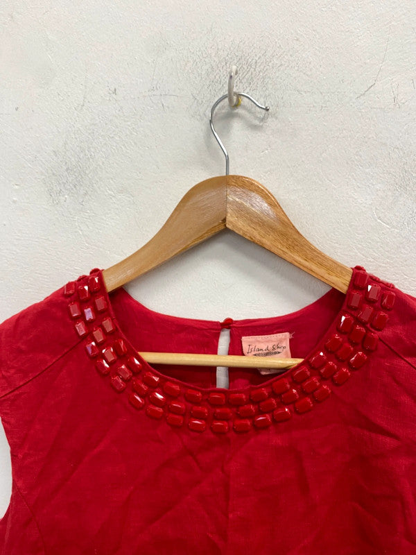 Stunning island shop red linen jewel midi dress UK 14 MS002